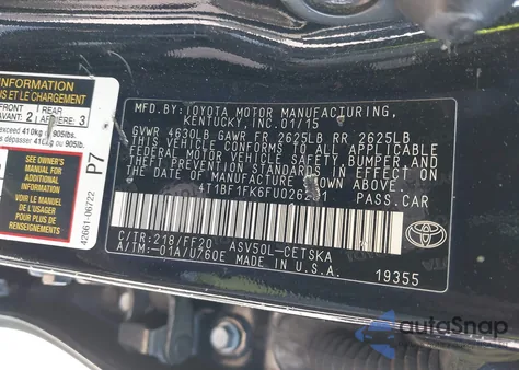 2015 Toyota Camry Se z USA, uszkodzony, nr VIN 4T1BF1FK6FU026251
